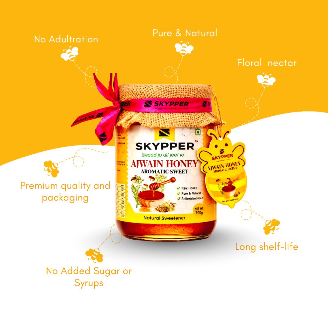 Skypper Ajwain Honey  | Pure & Natural | Rich Aroma & Balanced Sweetness | Loaded with Enzymes, Minerals & Antioxidants | Daily Health Tonic | Food-Grade Glass Jar (250g,500g,700g Ajwain Honey)
