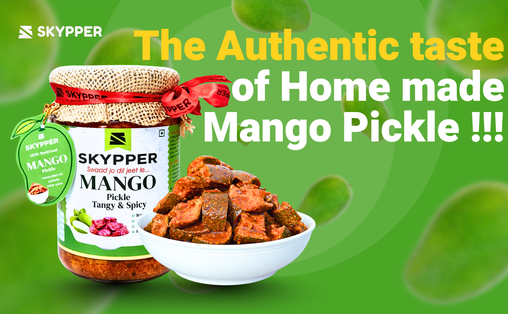 Skypper Mango Pickle  | Traditional Tangy & Spicy Indian Achar | Handcrafted, Sun-Dried & Naturally Preserved | Made with Cold-Pressed Mustard Oil | Food Graded Glass Jar banner