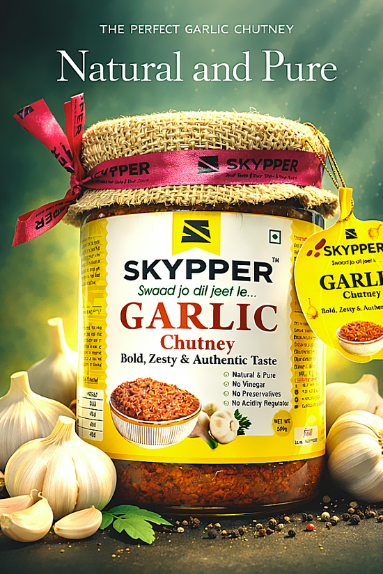 Skypper Garlic Chutney | Traditional Tangy & Spicy Indian Achar | Handcrafted, Sun-Dried & Naturally Preserved | Made with Cold-Pressed Mustard Oil | Food Graded Glass Jar