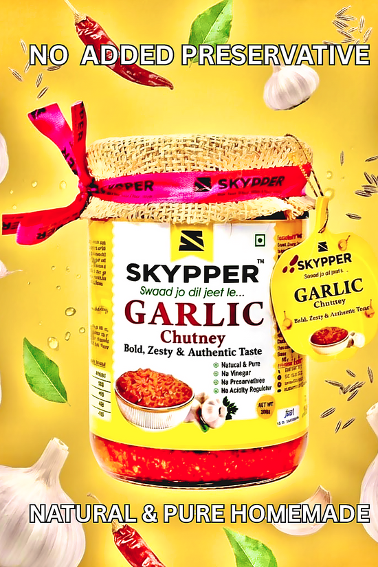 Skypper Garlic Chutney | Traditional Tangy & Spicy Indian Achar | Handcrafted, Sun-Dried & Naturally Preserved | Made with Cold-Pressed Mustard Oil | Food Graded Glass Jar