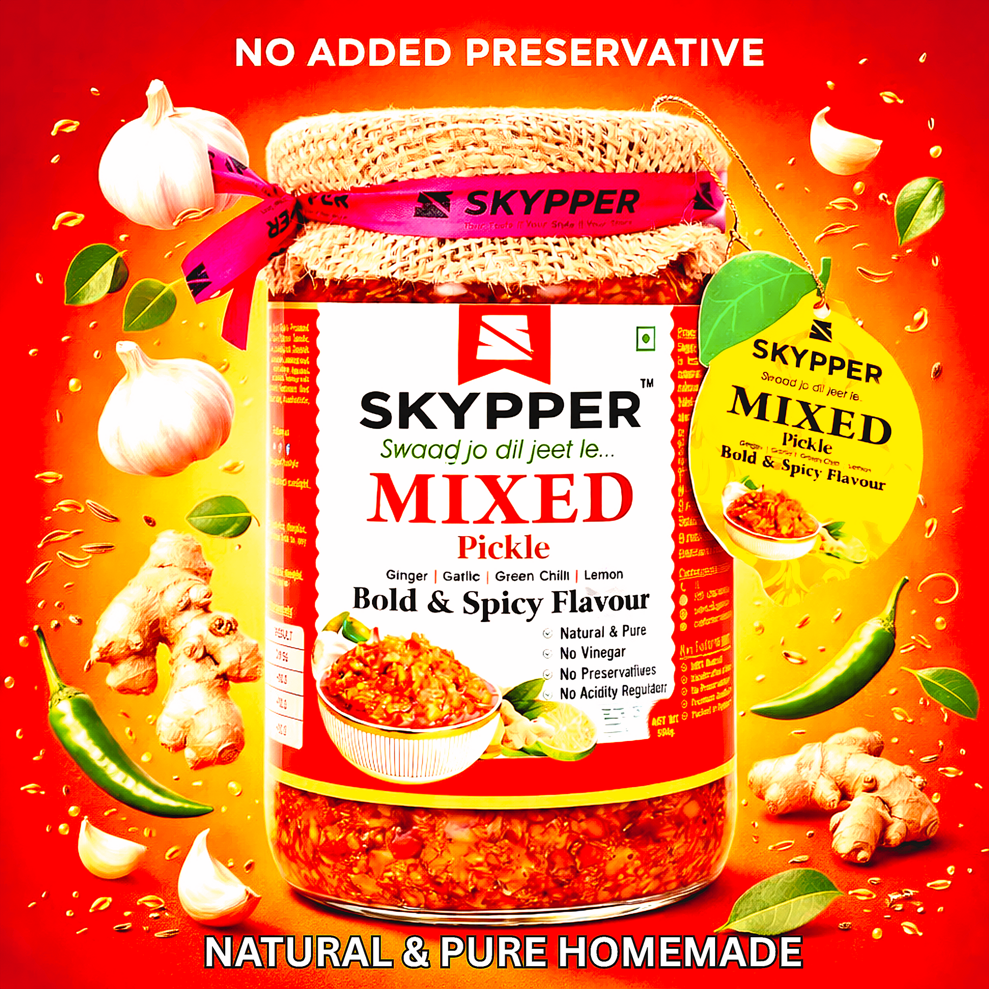 Skypper Mixed Pickle Garlic Ginger Chilli | Traditional Tangy & Spicy Indian Achar | Handcrafted, Sun-Dried & Naturally Preserved | Made with Cold-Pressed Mustard Oil | Food Graded Glass Jar