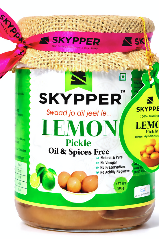 Skypper Lemon Pickle | Traditional Indian Achar | Handcrafted & Sun-Dried 20 Days | 100% Natural | Oil and Spices Free | No Preservatives & Colours | Tangy and Salty | Packed in Glass Jar