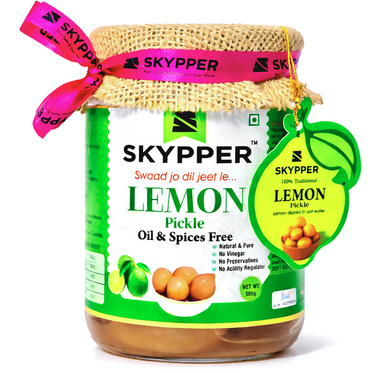 Skypper Lemon Pickle | Traditional Indian Achar | Handcrafted & Sun-Dried 20 Days | 100% Natural | Oil and Spices Free | No Preservatives & Colours | Tangy and Salty | Packed in Glass Jar