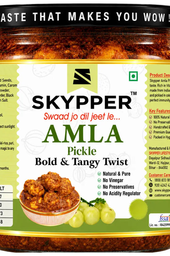 Skyper Amla pickle jar with label on a white background