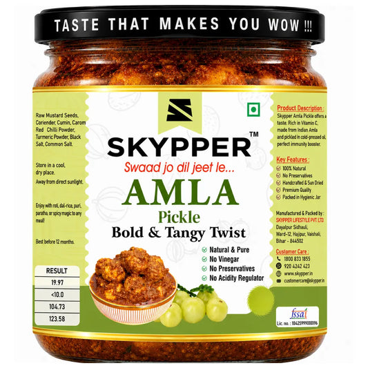 Skyper Amla pickle jar with label on a white background