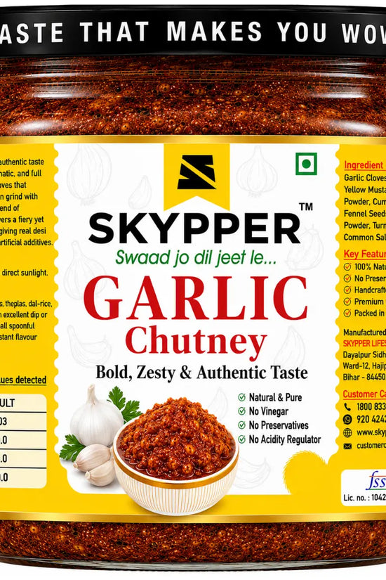 Jar of Skypper Garlic Chutney with yellow label and black lid.