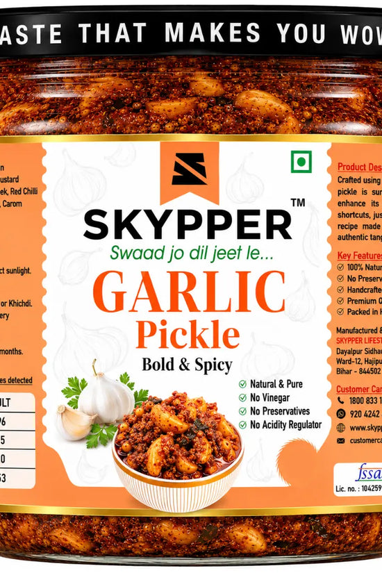 Jar of Skypper Garlic Pickle with label and branding details.