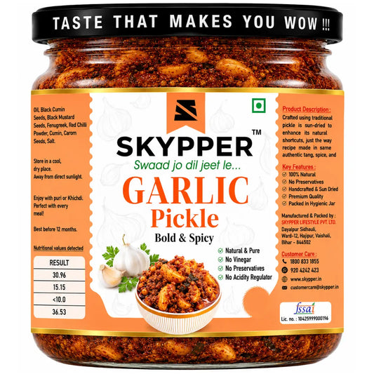 Jar of Skypper Garlic Pickle with label and branding details.