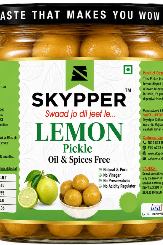 Jar of Skypper lemon pickle with green label on a white background