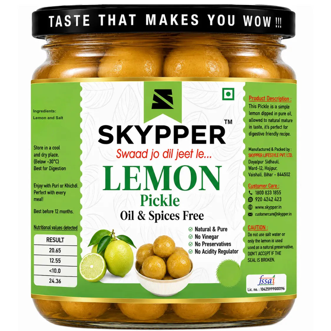Jar of Skypper lemon pickle with green label on a white background