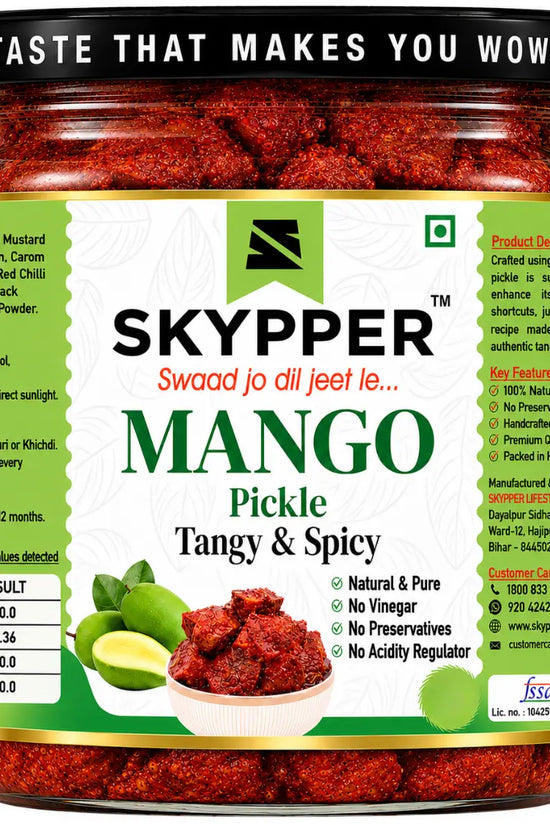 Jar of Skypper Mango Pickle with green label on a white background