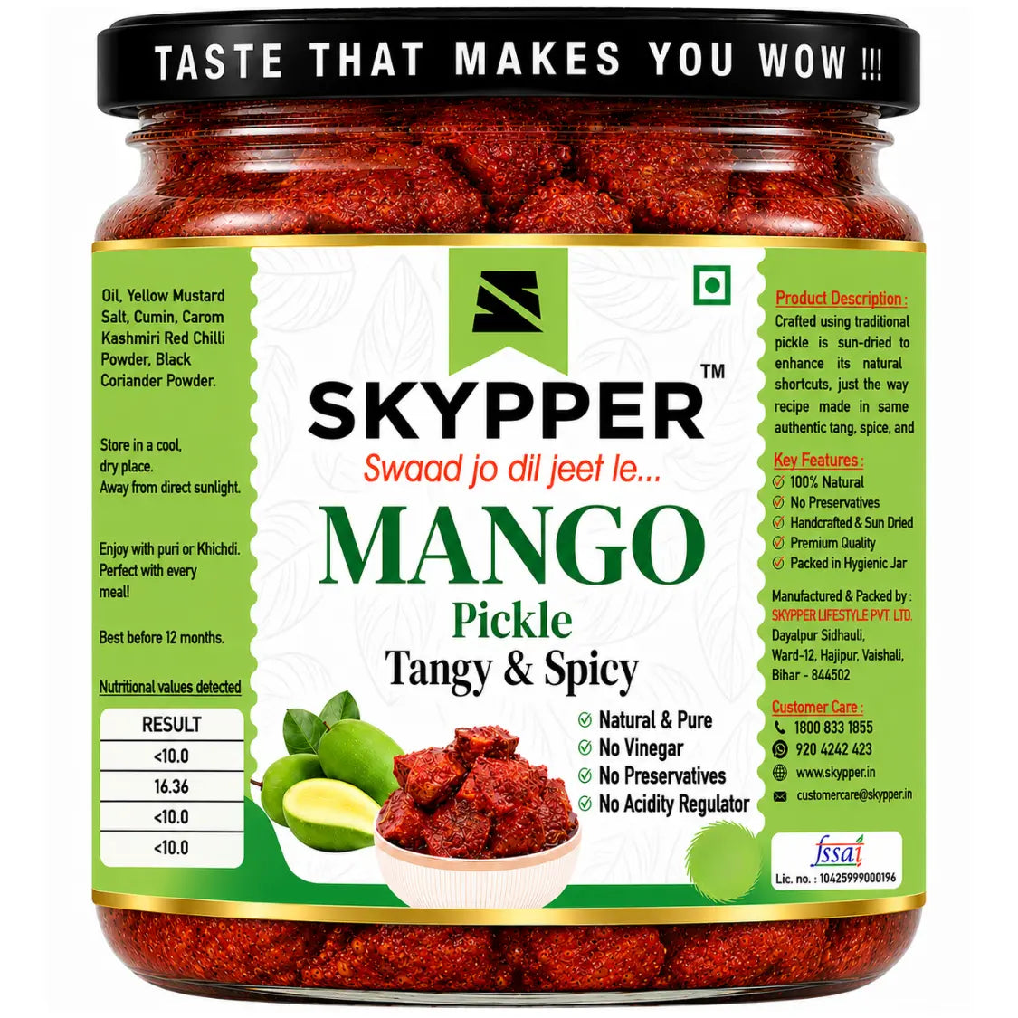 Jar of Skypper Mango Pickle with green label on a white background