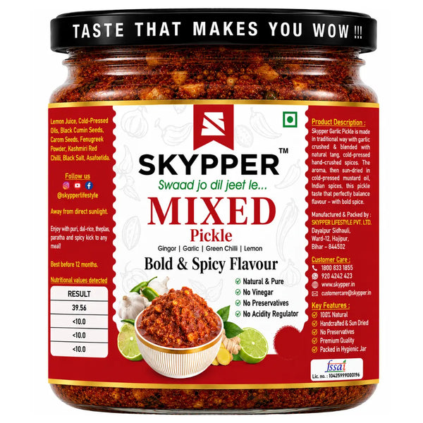 Jar of Skypper mixed pickle with red label and black lid on white background