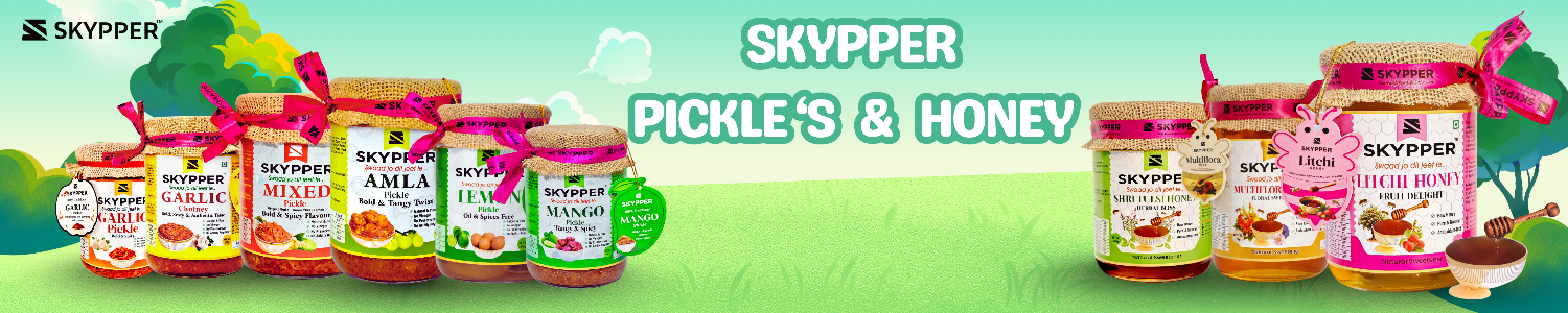 Assorted Skypper pickles and honey products on a green background with trees.