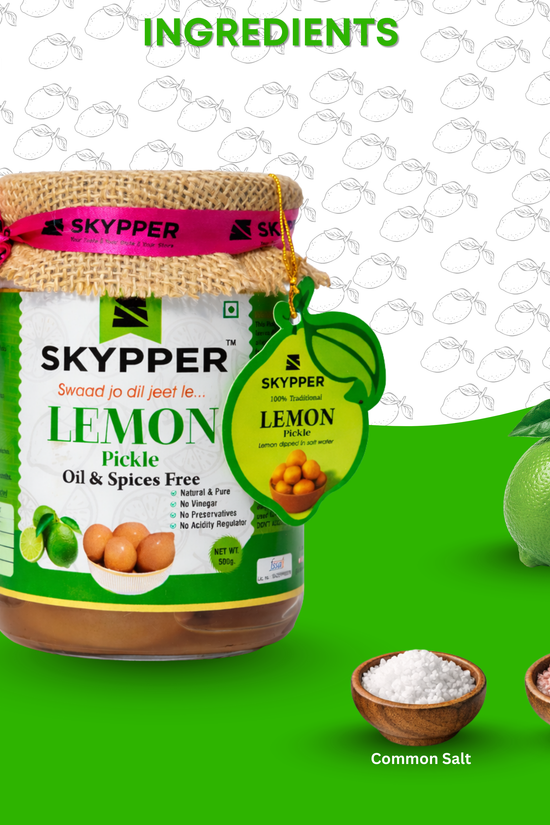 Skypper Lemon Pickle | Traditional Indian Achar | Handcrafted & Sun-Dried 20 Days | 100% Natural | Oil and Spices Free | No Preservatives & Colours | Tangy and Salty | Packed in Glass Jar