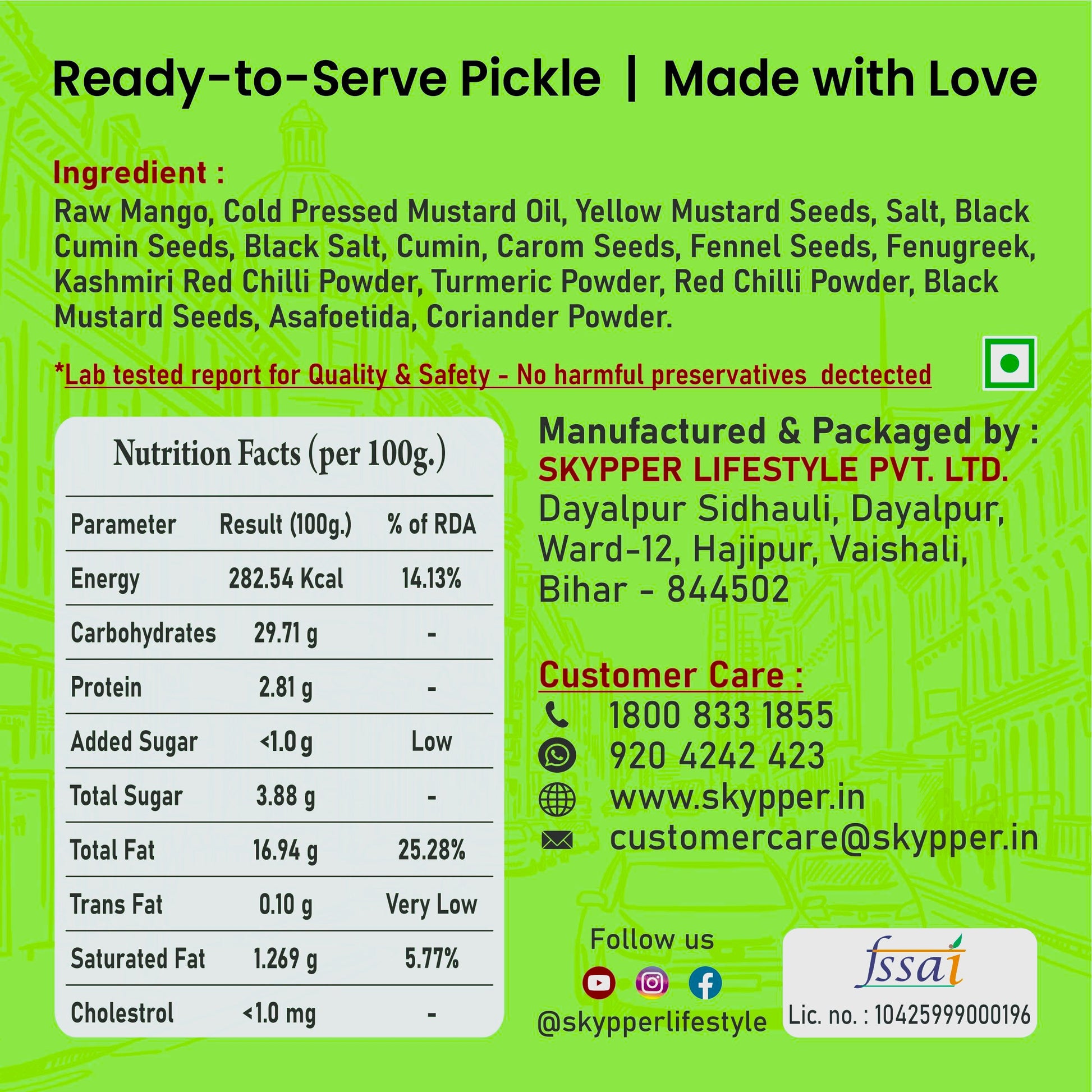 Skypper Mango Pickle  | Traditional Tangy & Spicy Indian Achar | Handcrafted, Sun-Dried & Naturally Preserved | Made with Cold-Pressed Mustard Oil | Food Graded Glass Jar