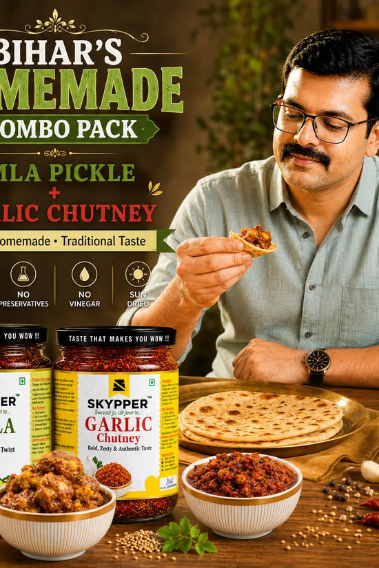 Skypper homemade Amla Pickle and Garlic Chutney combo pack served with paratha, highlighting traditional Bihar taste, natural ingredients, and homemade flavor.
