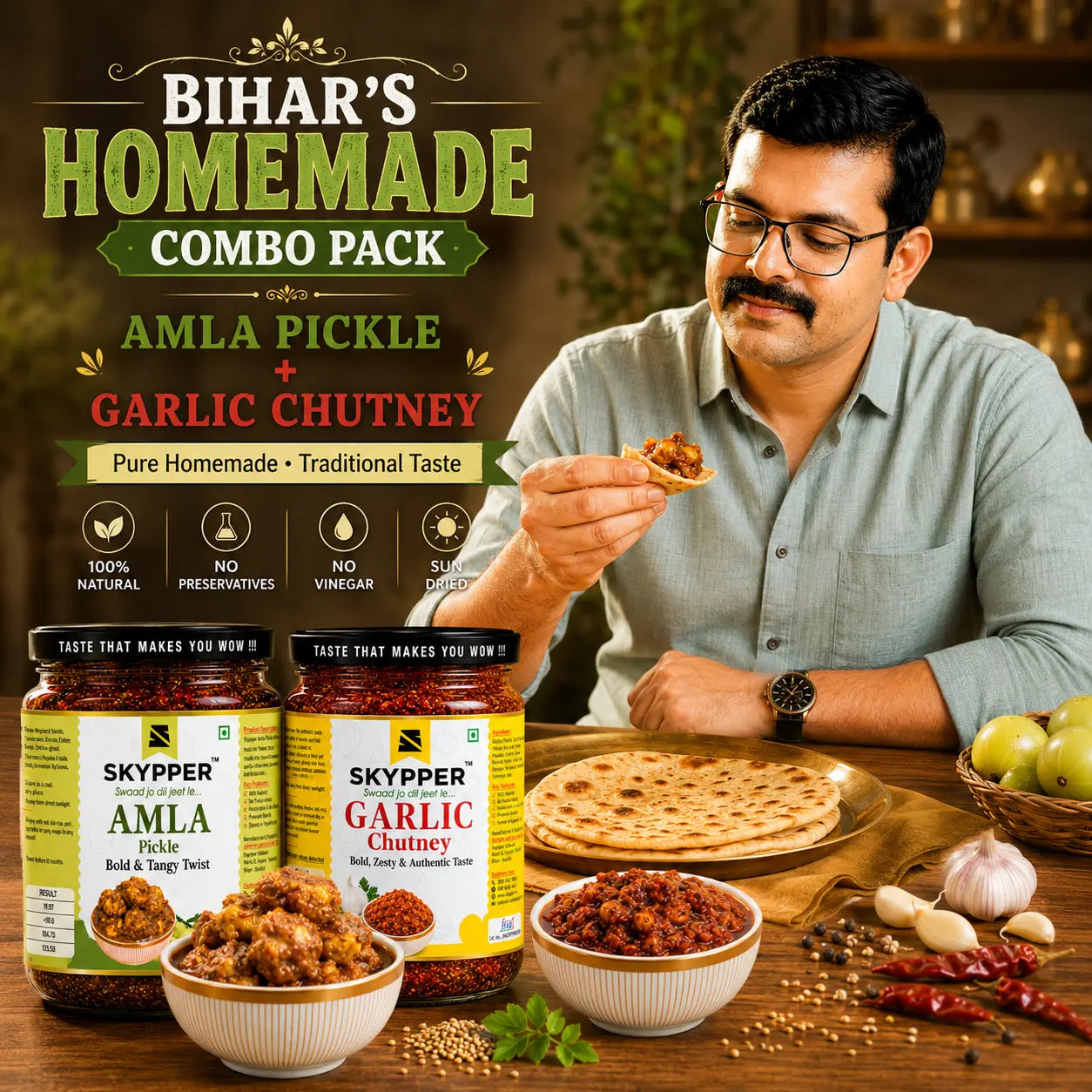 Skypper homemade Amla Pickle and Garlic Chutney combo pack served with paratha, highlighting traditional Bihar taste, natural ingredients, and homemade flavor.