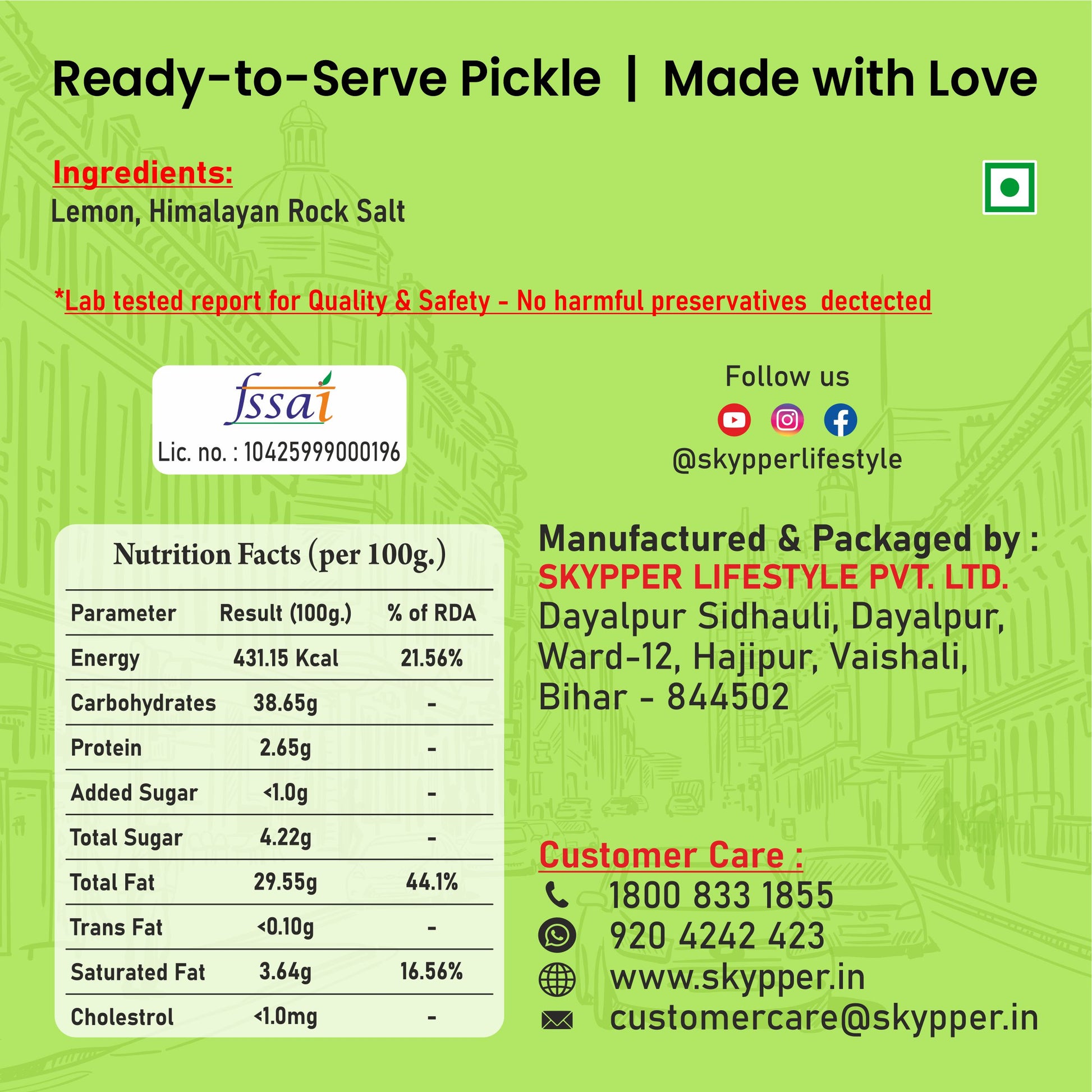 Skypper Lemon Pickle | Traditional Indian Achar | Handcrafted & Sun-Dried 20 Days | 100% Natural | Oil and Spices Free | No Preservatives & Colours | Tangy and Salty | Packed in Glass Jar