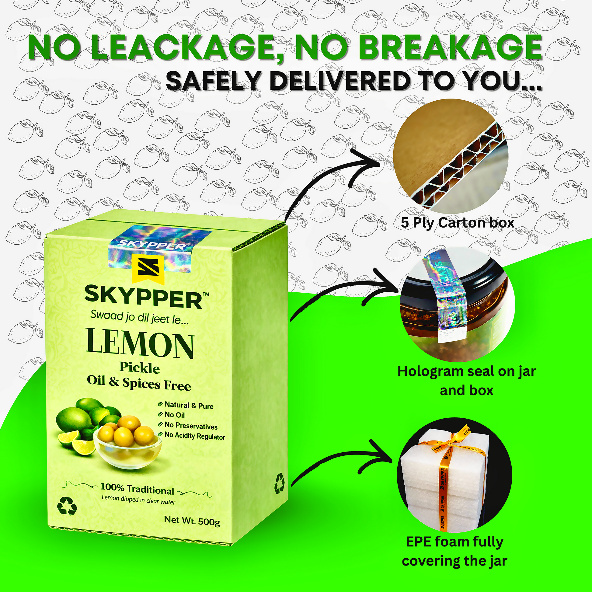 Skypper Lemon Pickle | Traditional Indian Achar | Handcrafted & Sun-Dried 20 Days | 100% Natural | Oil and Spices Free | No Preservatives & Colours | Tangy and Salty | Packed in Glass Jar