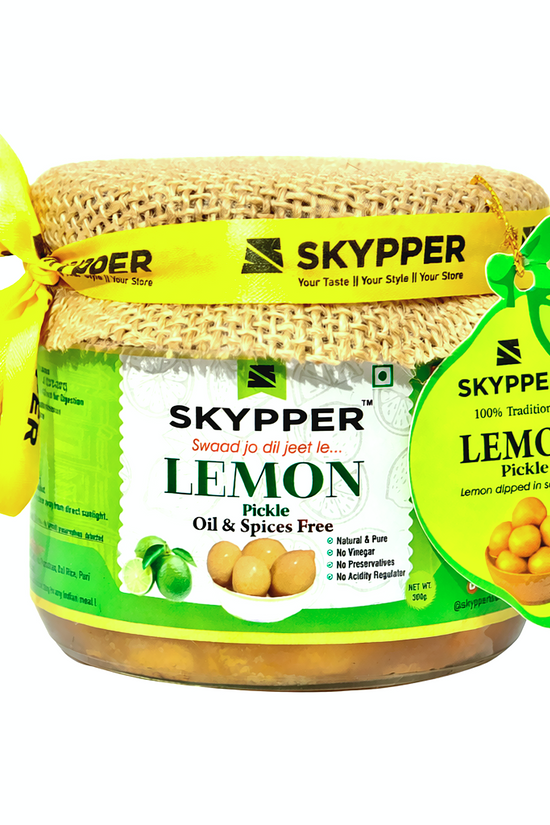 Skypper Lemon Pickle | Traditional Indian Achar | Handcrafted & Sun-Dried 20 Days | 100% Natural | Oil and Spices Free | No Preservatives & Colours | Tangy and Salty | Packed in Glass Jar