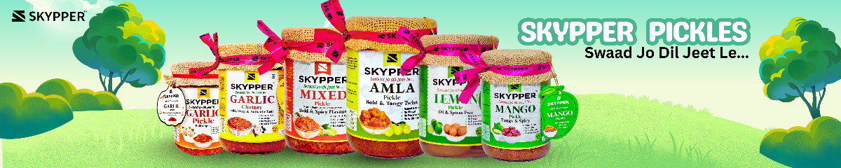 Skypper pickles with colorful packaging on a green landscape background