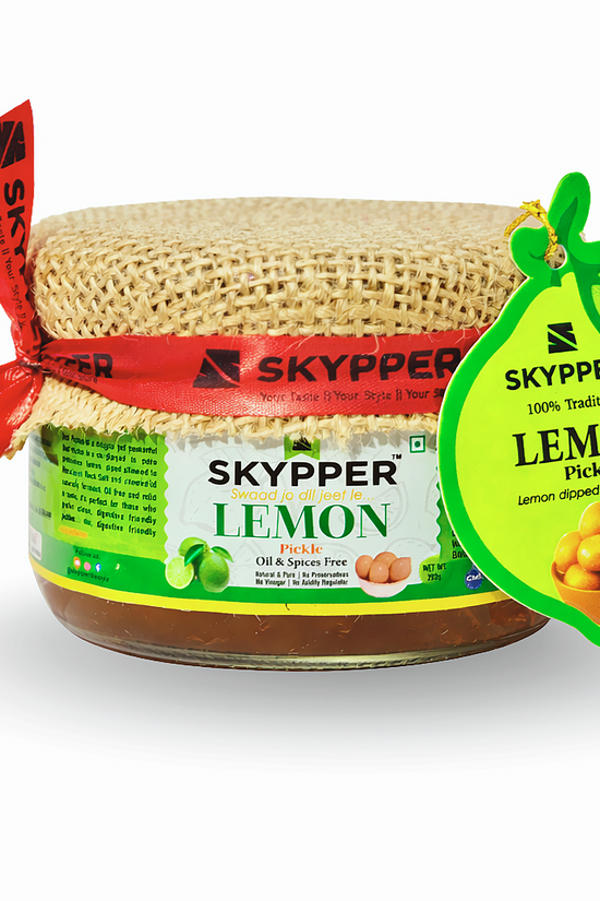 Skypper Lemon Pickle | Traditional Indian Achar | Handcrafted & Sun-Dried 20 Days | 100% Natural | Oil and Spices Free | No Preservatives & Colours | Tangy and Salty | Packed in Glass Jar