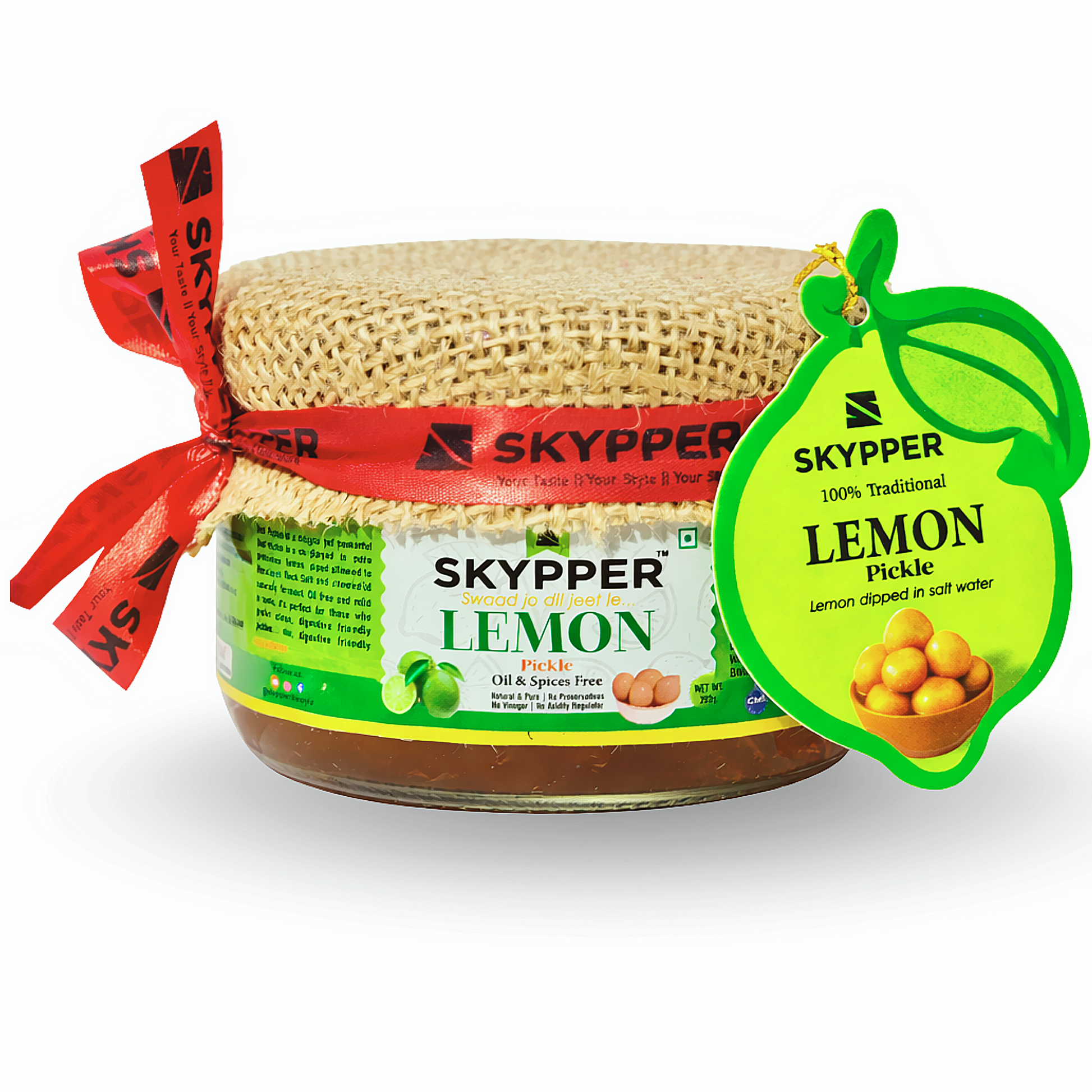 Skypper Lemon Pickle | Traditional Indian Achar | Handcrafted & Sun-Dried 20 Days | 100% Natural | Oil and Spices Free | No Preservatives & Colours | Tangy and Salty | Packed in Glass Jar