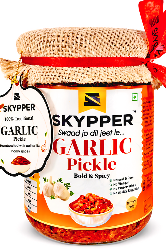 Skypper Garlic Pickle | Traditional Tangy & Spicy Indian Achar | Handcrafted, Sun-Dried & Naturally Preserved | Made with Cold-Pressed Mustard Oil | Food Graded Glass Jar