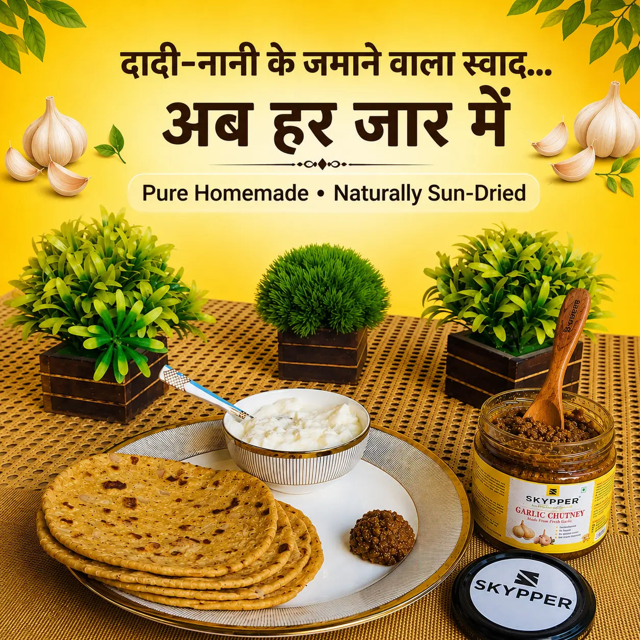 Customer testimonials for Skypper Garlic Chutney served with rice and dal, emphasizing traditional flavor, homemade recipe, and preservative-free preparation.