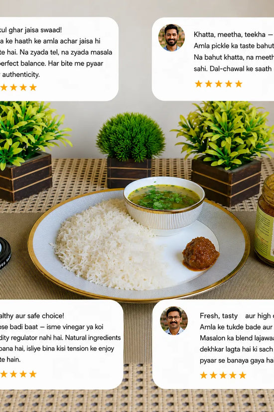 Customer review showcase for Skypper Amla Pickle with serving suggestion alongside rice and dal, highlighting authentic homemade taste and natural ingredients.