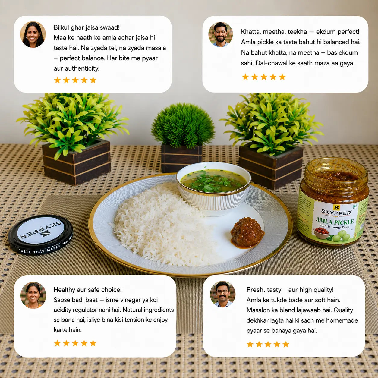Customer review showcase for Skypper Amla Pickle with serving suggestion alongside rice and dal, highlighting authentic homemade taste and natural ingredients.