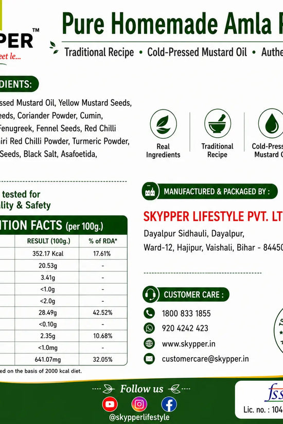 Skyper Pure Homemade Amla Pickle label with ingredients, nutrition facts, and branding details.