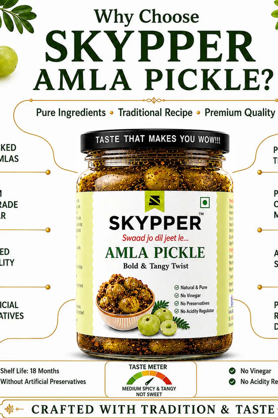 Promotional image of Skyper Amla pickle with features listed on a white background.