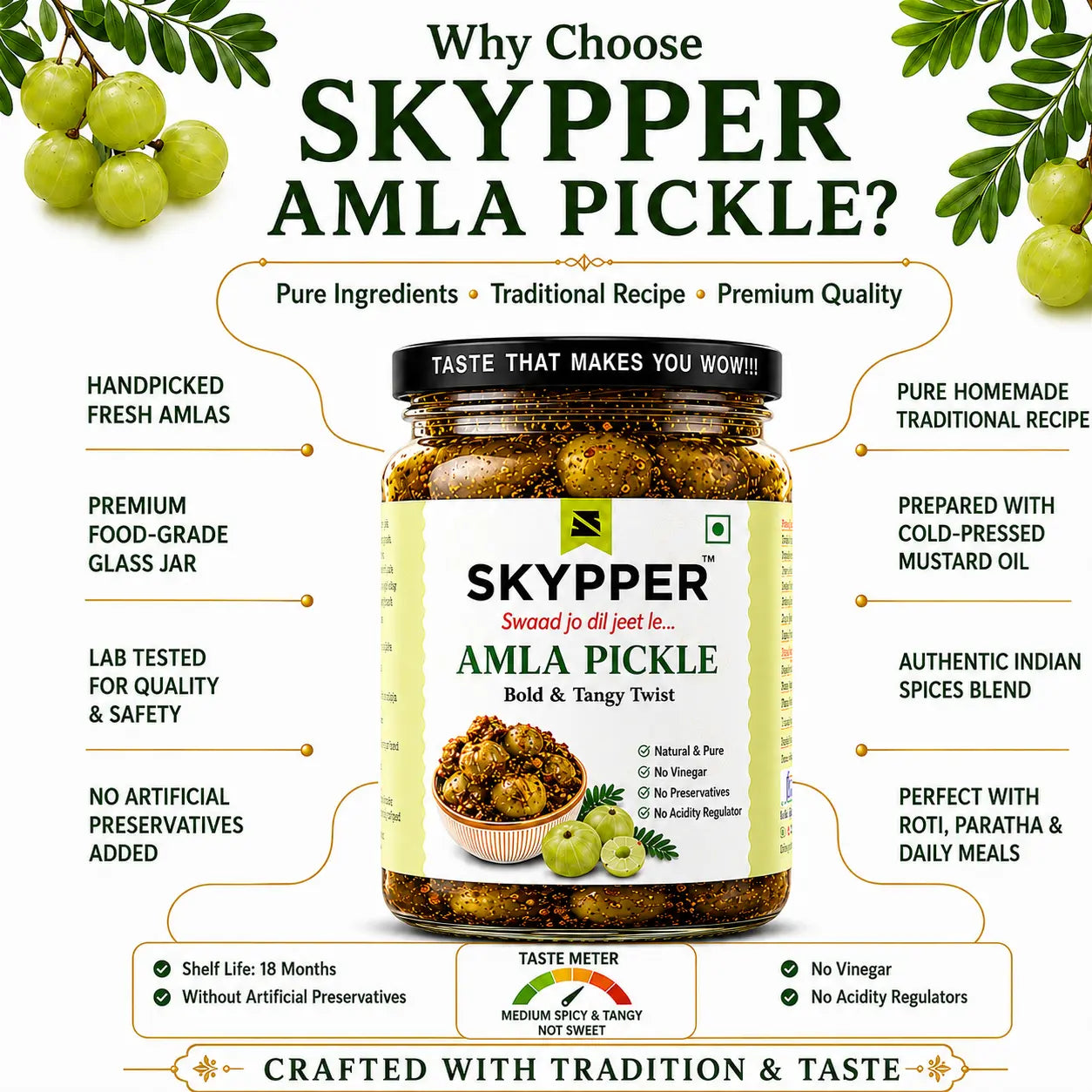 Promotional image of Skyper Amla pickle with features listed on a white background.