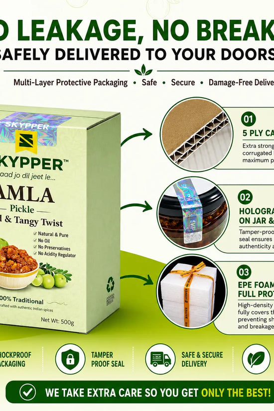 Skypper Amla Pickle packaging with safety features highlighted on a green background