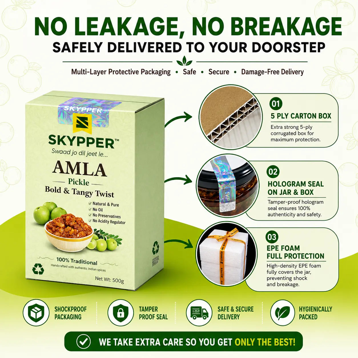 Skypper Amla Pickle packaging with safety features highlighted on a green background