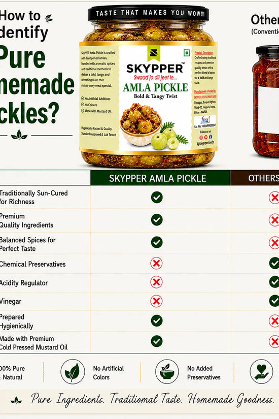 Comparison chart on how to identify pure homemade pickles, featuring Skyper Amla Pickle and conventional pickles.