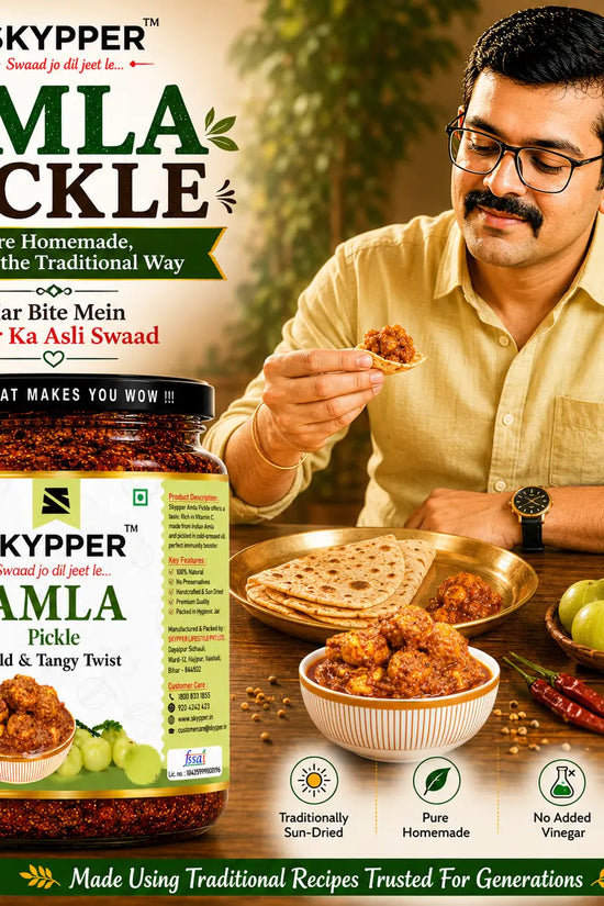 Skyper Amla pickle jar with a man eating food in the background