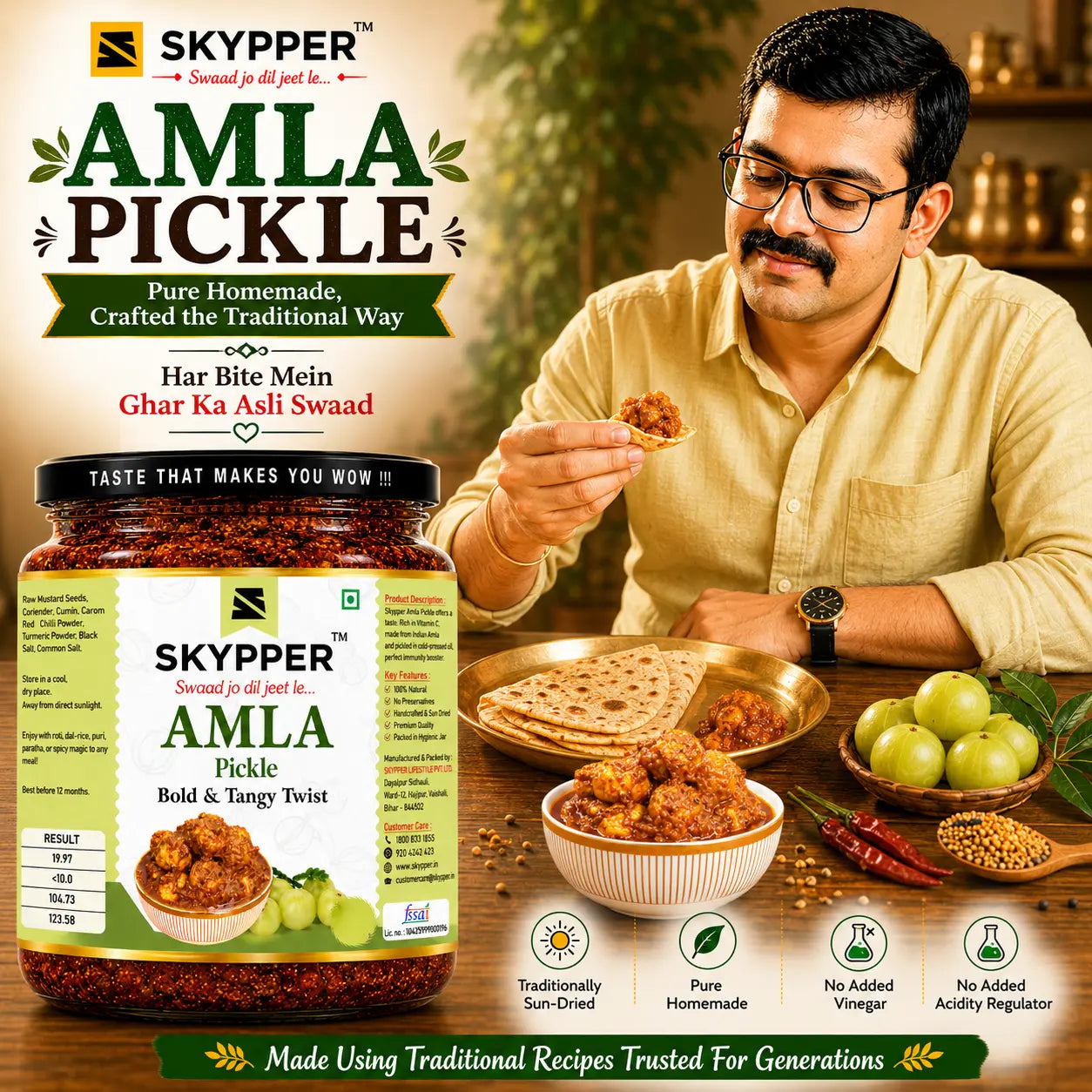 Skyper Amla pickle jar with a man eating food in the background
