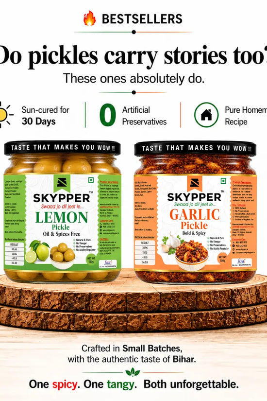 Two jars of Skypper pickles on a wooden stand with promotional text about their story and ingredients.