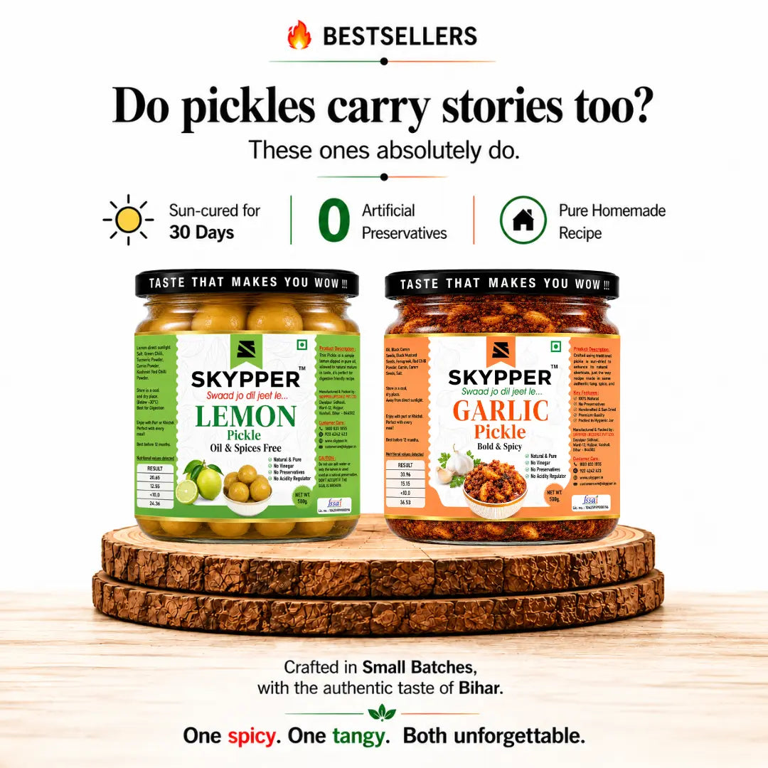 Two jars of Skypper pickles on a wooden stand with promotional text about their story and ingredients.