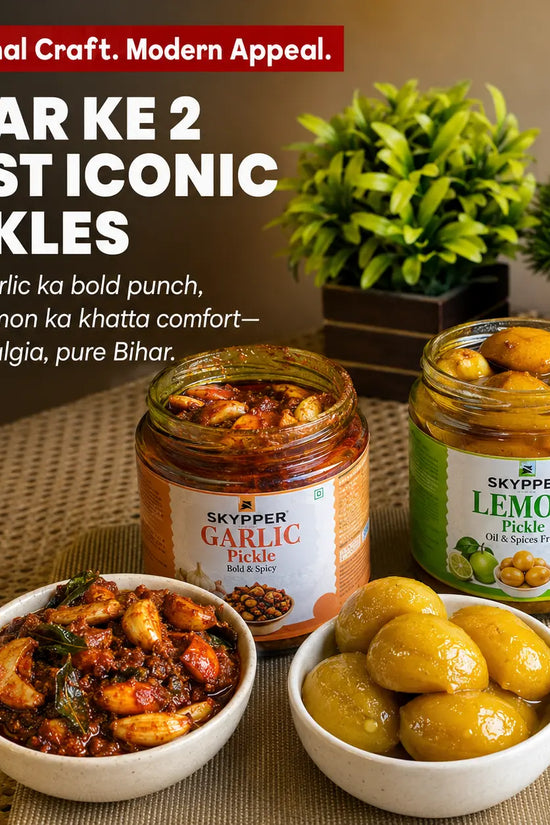 Two jars of pickles with bowls of food on a table, featuring text about Bihar's iconic pickles.