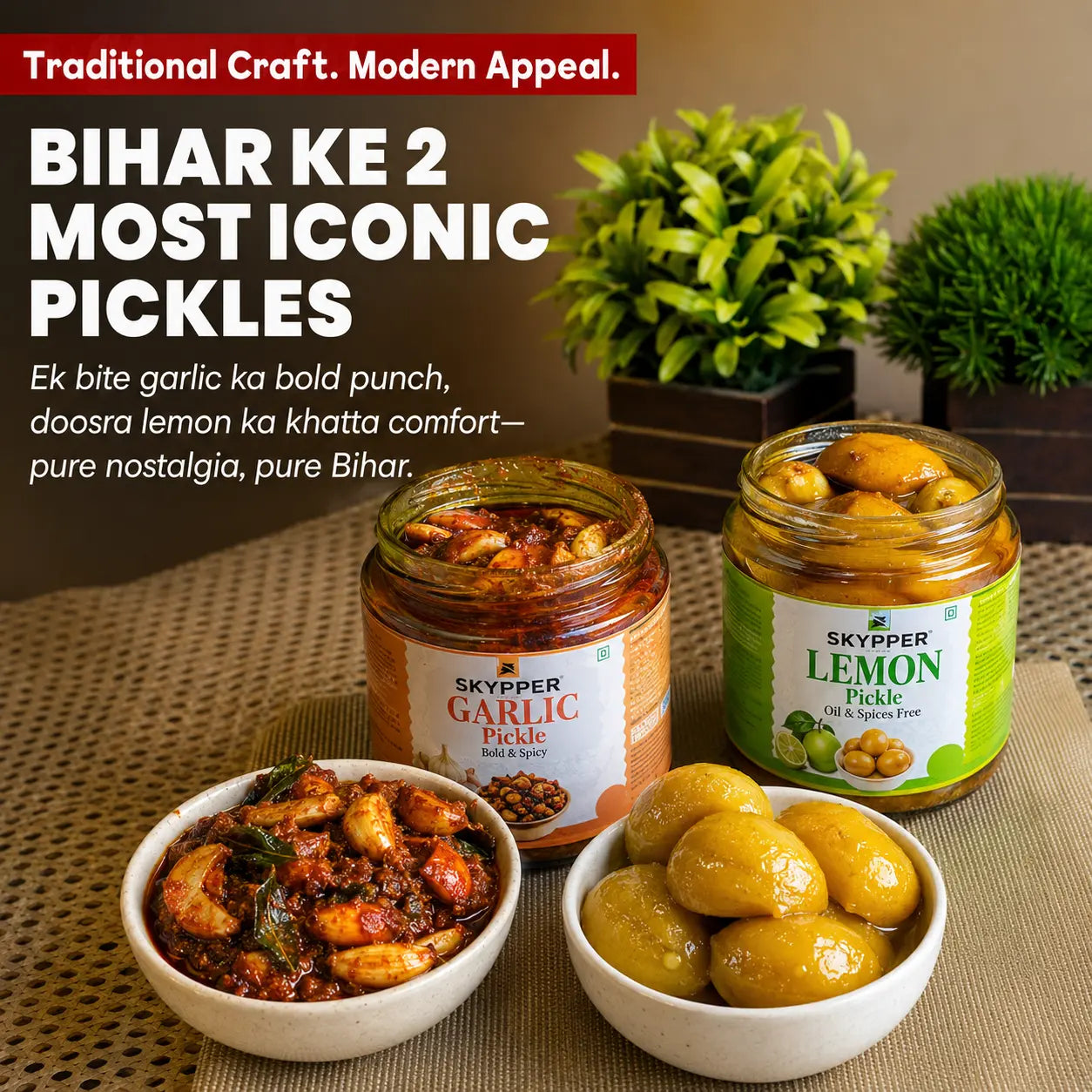 Two jars of pickles with bowls of food on a table, featuring text about Bihar's iconic pickles.
