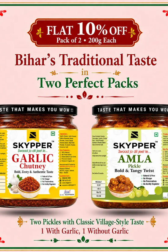 Two jars of Skyppeer Garlic Chutney and Amla Pickle on a promotional poster with decorative elements.