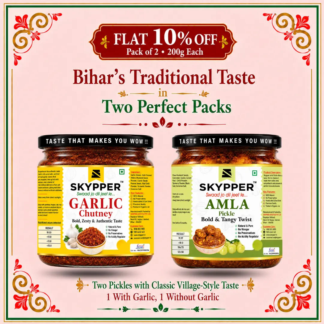 Two jars of Skyppeer Garlic Chutney and Amla Pickle on a promotional poster with decorative elements.