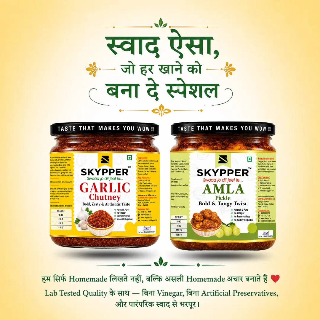Two jars of Skypper Garlic Chutney and Amla Pickle on a beige background with text.