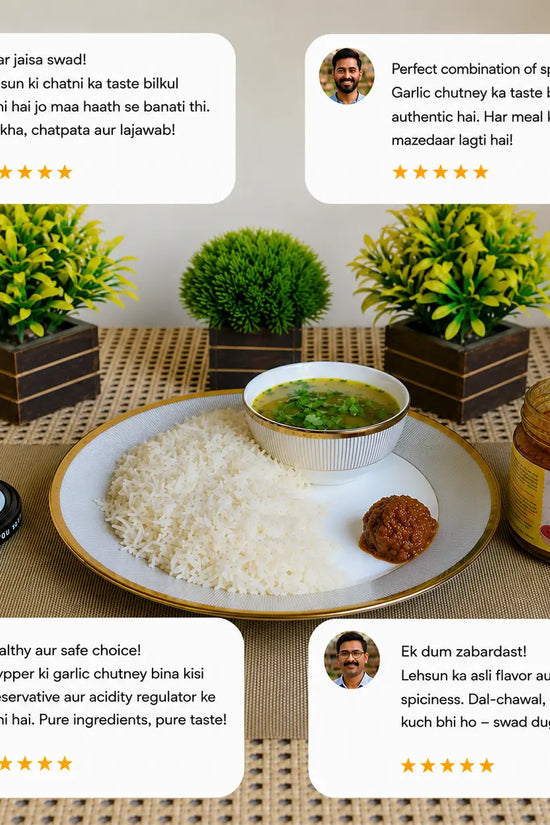 Customer testimonials for Skypper Garlic Chutney served with rice and dal, emphasizing traditional flavor, homemade recipe, and preservative-free preparation.