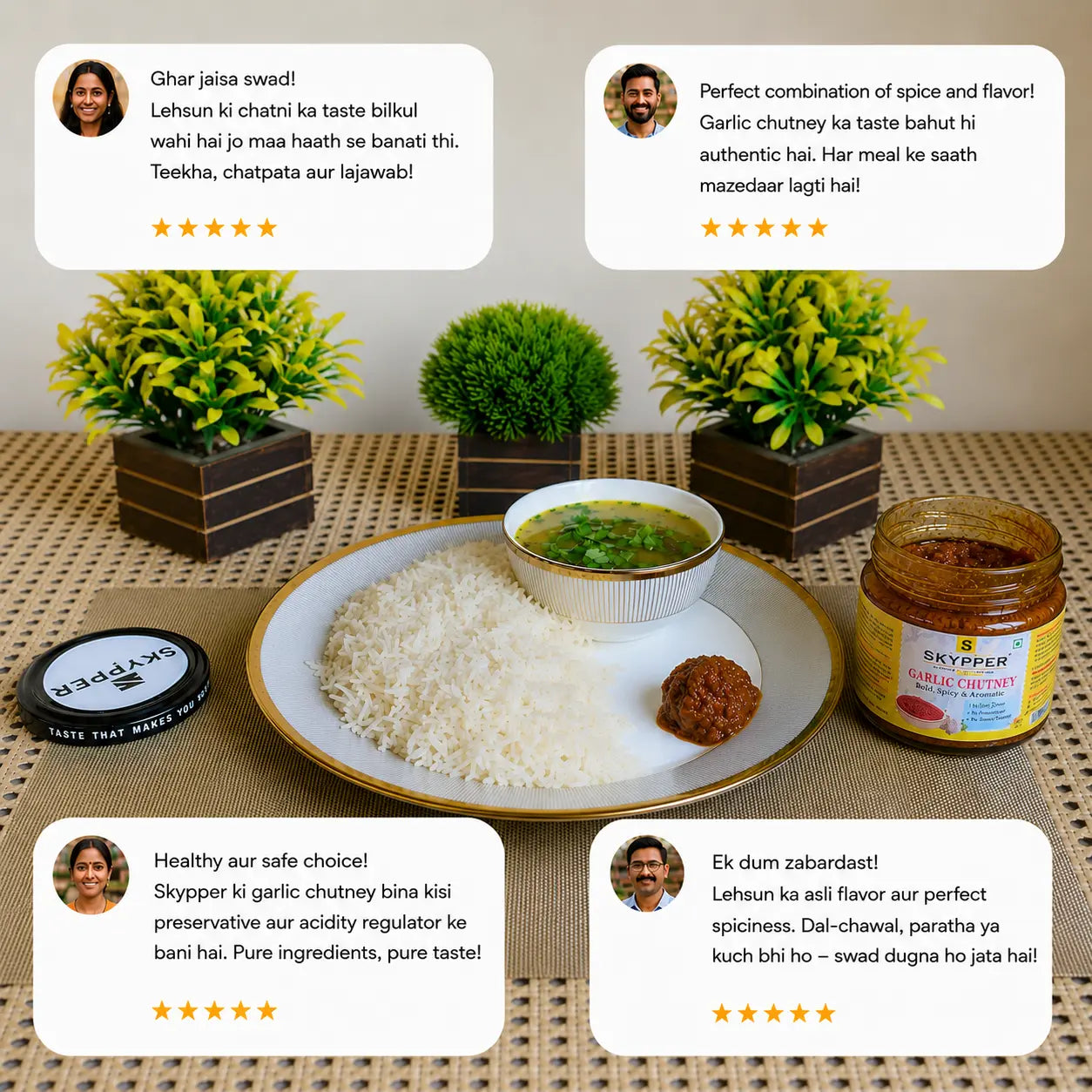 Customer testimonials for Skypper Garlic Chutney served with rice and dal, emphasizing traditional flavor, homemade recipe, and preservative-free preparation.