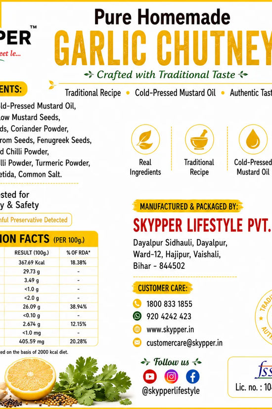 Skyper Garlic Chutney packaging with ingredients, nutrition facts, and contact information.